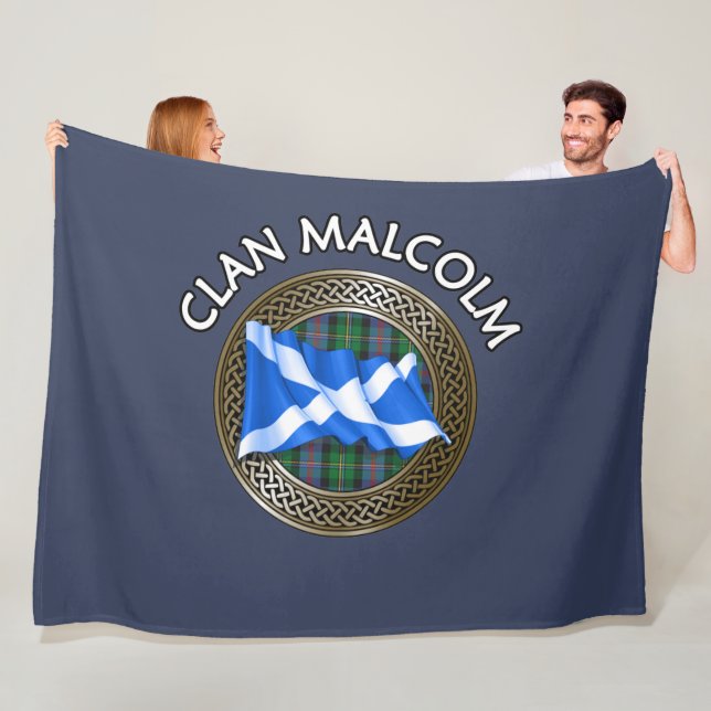 Clan Malcolm Tartan Knot & Flag Fleece Blanket (In Situ)