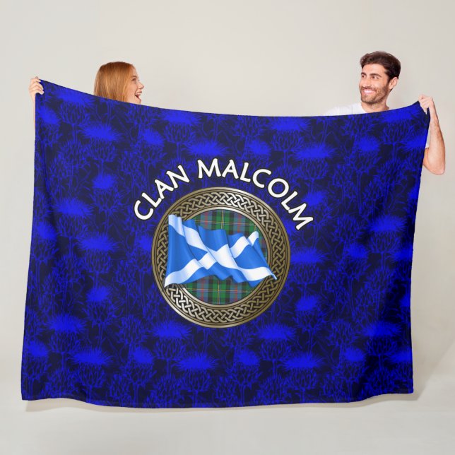 Clan Malcolm Tartan Knot & Flag Fleece Blanket (In Situ)
