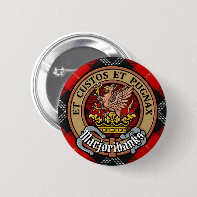 Clan Marjoribanks Crest over Tartan 6 Cm Round Badge (Front & Back)