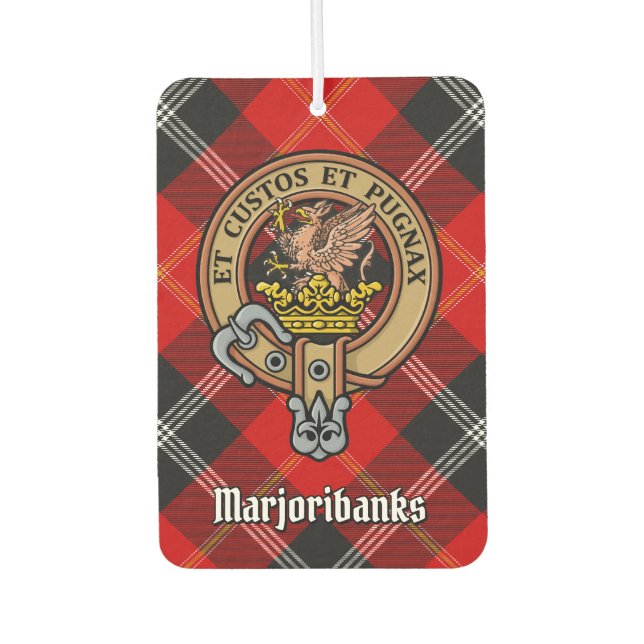 Clan Marjoribanks Crest over Tartan Car Air Freshener (Front)