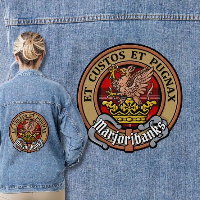 Clan Marjoribanks Crest over Tartan Denim Jacket (Creator Uploaded)