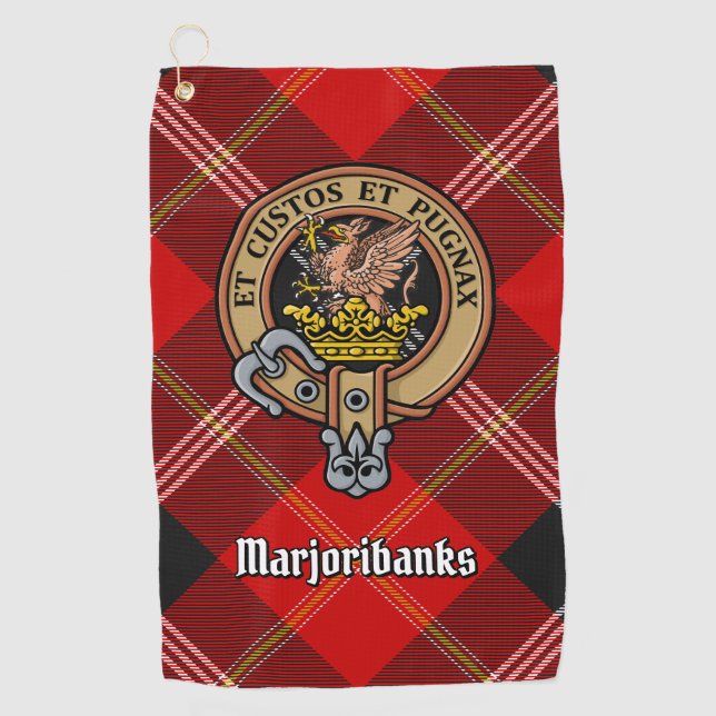 Clan Marjoribanks Crest over Tartan Golf Towel (Front)