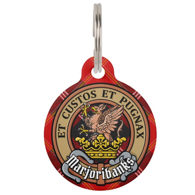 Clan Marjoribanks Crest over Tartan Pet Tag (Front)