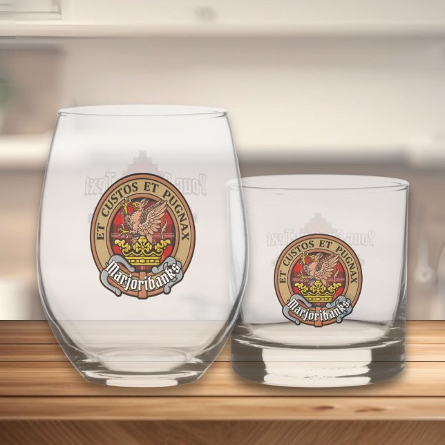 Clan Marjoribanks Crest over Tartan Whiskey Glass (Creator Uploaded)