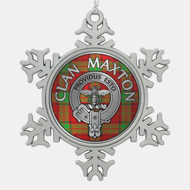 Clan Maxton Crest & Tartan Snowflake Pewter Christmas Ornament (Front)