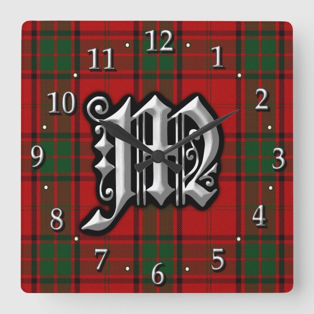 Clan Maxwell Letter M Monogram Red Green Tartan Square Wall Clock (Front)