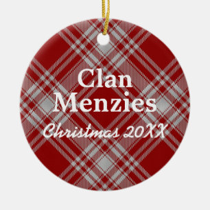 Clan Menzies Scottish Red White Tartan Ceramic Tree Decoration