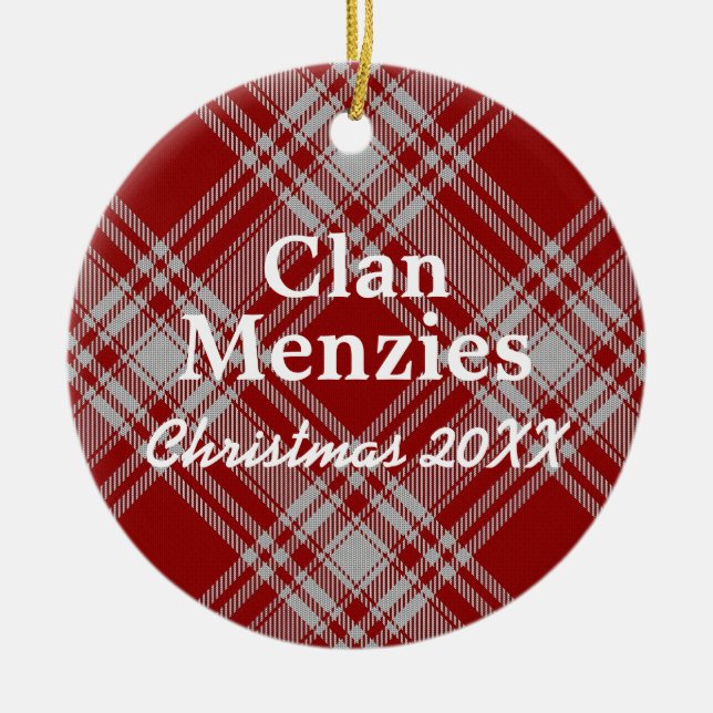 Clan Menzies Scottish Red White Tartan Ceramic Tree Decoration (Front)