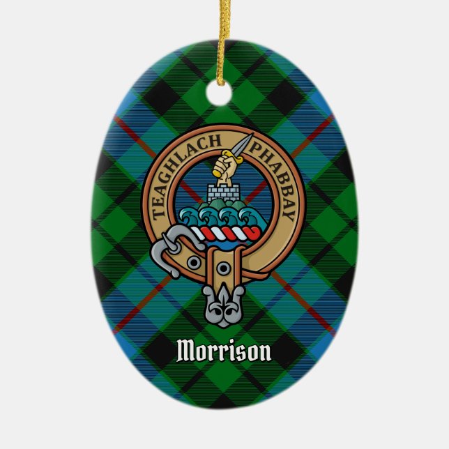 Clan Morrison Crest over Hunting Tartan Ceramic Tree Decoration (Front)