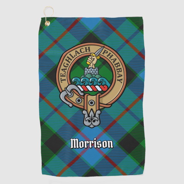 Clan Morrison Crest over Hunting Tartan Golf Towel (Front)
