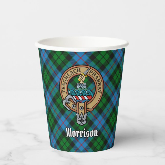 Clan Morrison Crest over Hunting Tartan Paper Cups (Front)