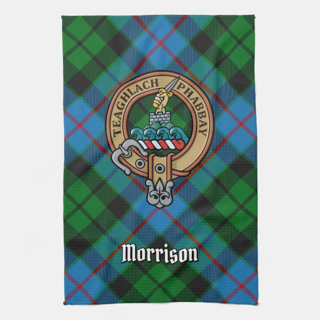 Clan Morrison Crest over Hunting Tartan Tea Towel (Vertical)