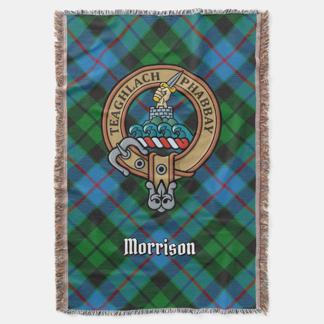 Clan Morrison Crest over Hunting Tartan Throw Blanket (Front Vertical)