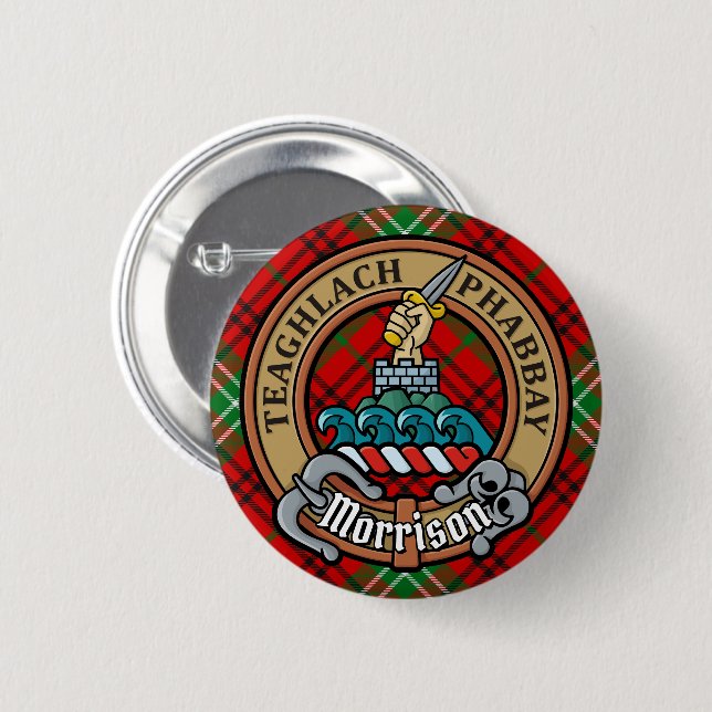 Clan Morrison Crest over Red Tartan 6 Cm Round Badge (Front & Back)
