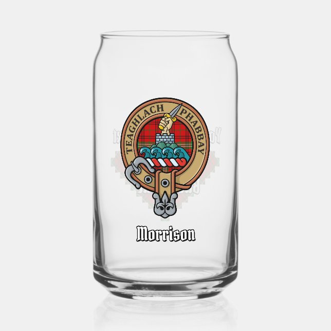 Clan Morrison Crest over Red Tartan Can Glass (Front)
