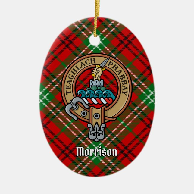 Clan Morrison Crest over Red Tartan Ceramic Tree Decoration (Front)
