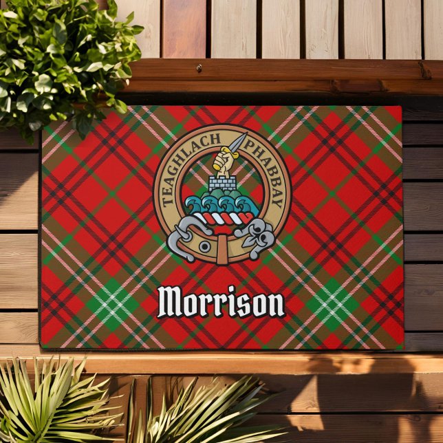 Clan Morrison Crest over Red Tartan Doormat (Creator Uploaded)