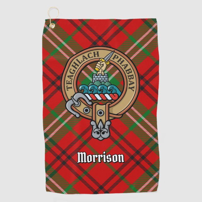 Clan Morrison Crest over Red Tartan Golf Towel (Front)