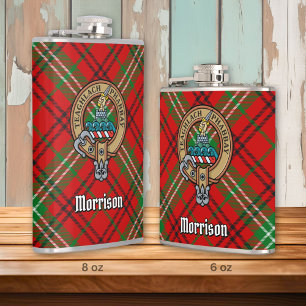 Clan Morrison Crest over Red Tartan Hip Flask