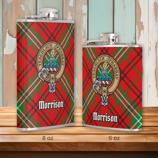 Clan Morrison Crest over Red Tartan Hip Flask (Creator Uploaded)