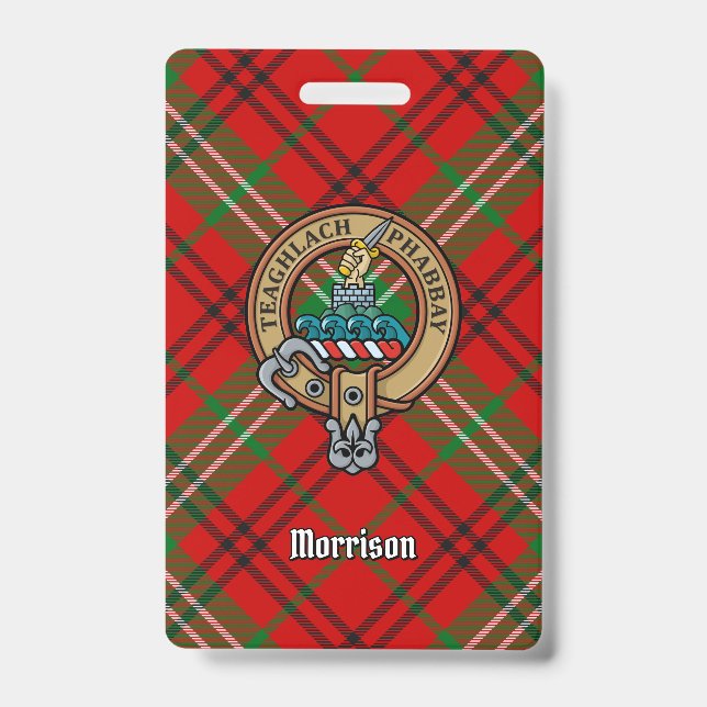 Clan Morrison Crest over Red Tartan ID Badge (Front)