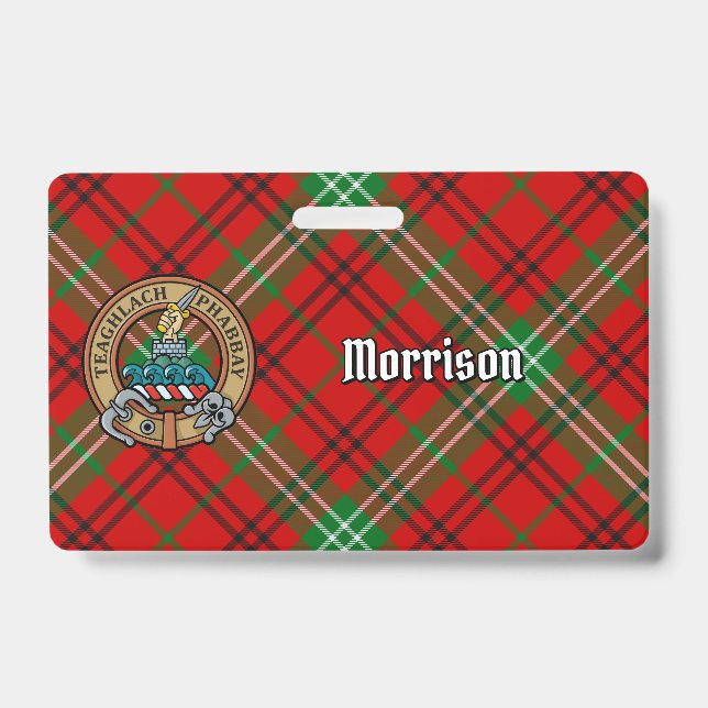 Clan Morrison Crest over Red Tartan ID Badge (Front)