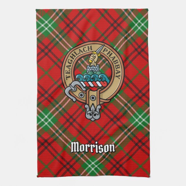 Clan Morrison Crest over Red Tartan Kitchen Towel (Vertical)