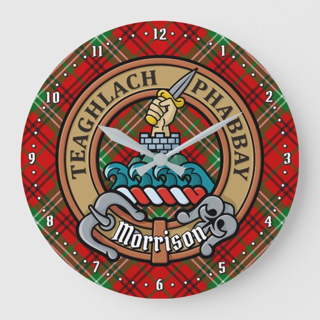 Clan Morrison Crest over Red Tartan Large Clock (Front)