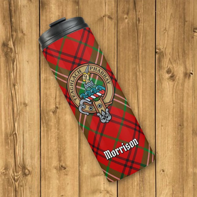 Clan Morrison Crest over Red Tartan Thermal Tumbler (Creator Uploaded)