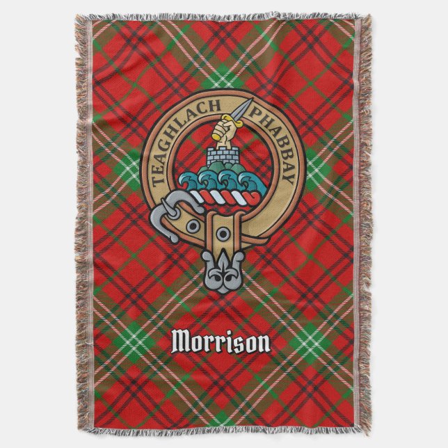 Clan Morrison Crest over Red Tartan Throw Blanket (Front Vertical)