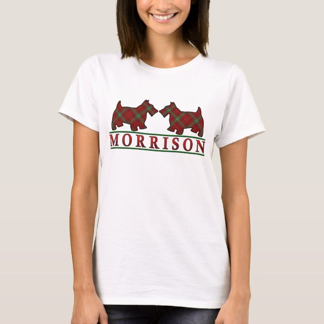 Clan Morrison Tartan Scottie Dogs T-Shirt (Front)