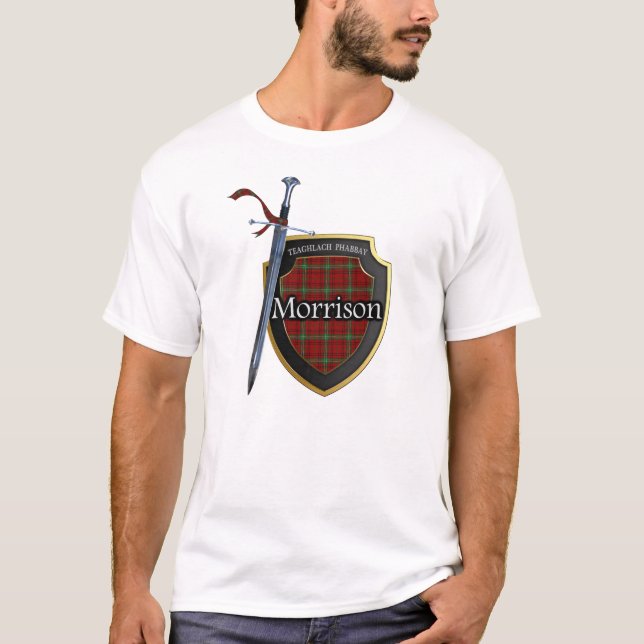 Clan Morrison Tartan Scottish Shield & Sword T-Shirt (Front)