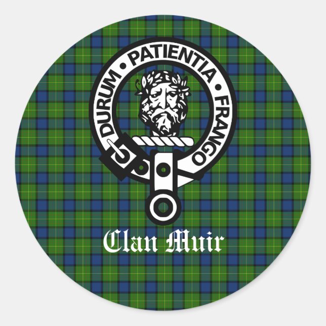 Clan Muir Crest Badge and Tartan Classic Round Sticker (Front)