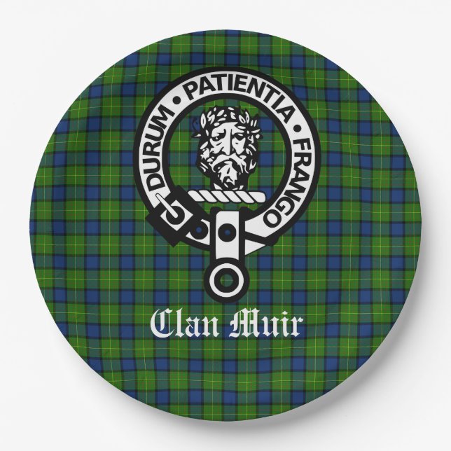 Clan Muir Crest Badge and Tartan Paper Plate (Front)