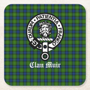 Clan Muir Crest Badge and Tartan Square Paper Coaster