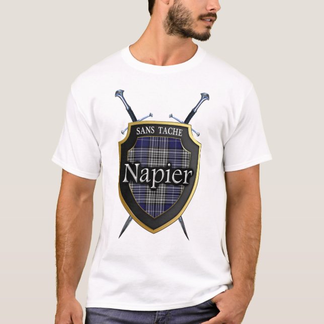 Clan Napier Tartan Plaid Shield & Swords T-Shirt (Front)