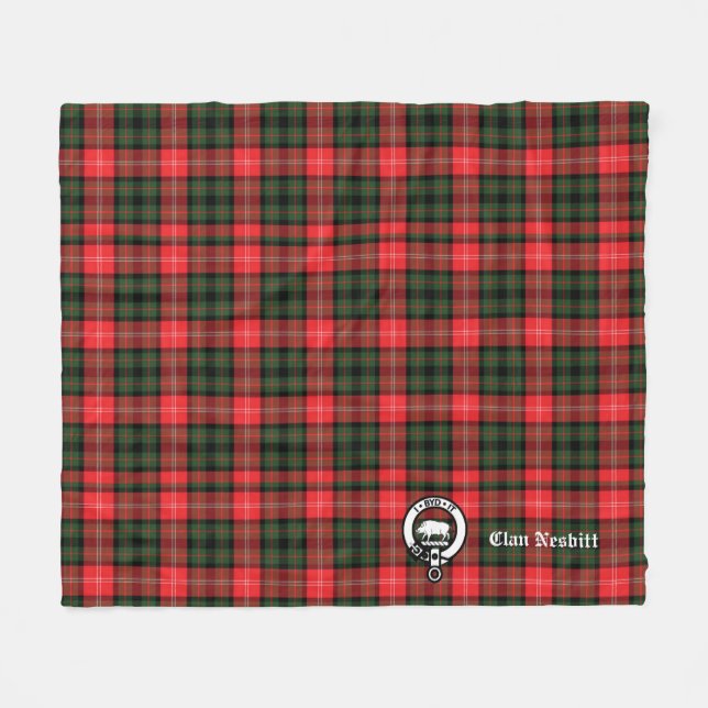 Clan Nesbitt Crest Badge & Tartan Personalised Fleece Blanket (Front (Horizontal))
