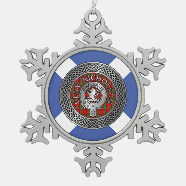Clan Nicholson Crest & Tartan Knot Snowflake Pewter Christmas Ornament (Front)