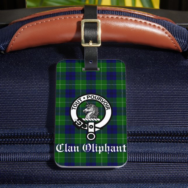 Clan Oliphant Crest Badge and Tartan Luggage Tag (Front Insitu 2)