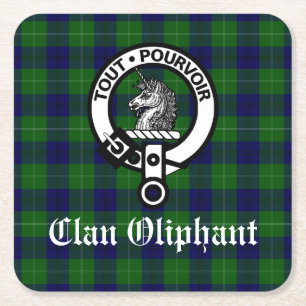 Clan Oliphant Crest Badge and Tartan Square Paper Coaster
