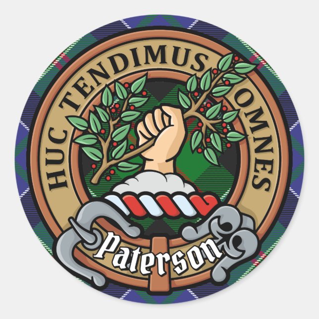 Clan Paterson Crest over Tartan Classic Round Sticker (Front)