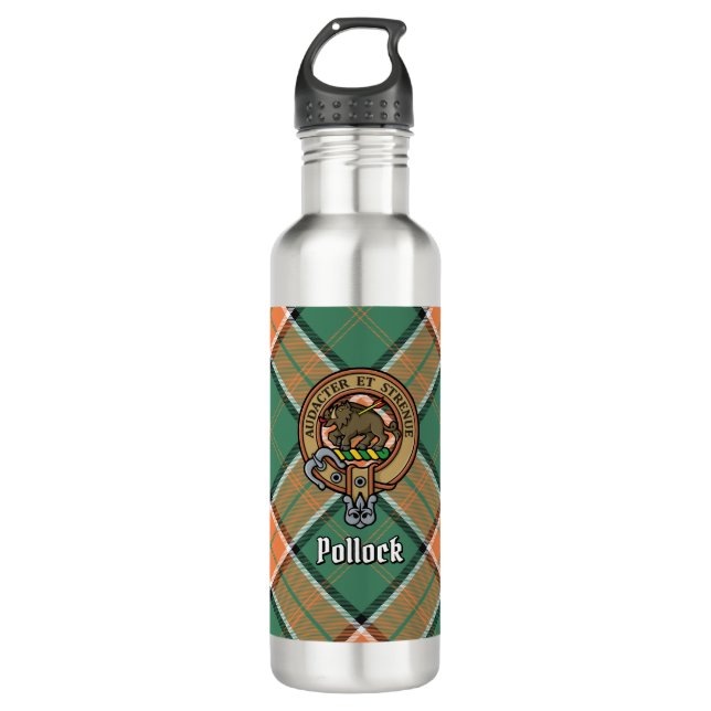 Clan Pollock Crest over Tartan 710 Ml Water Bottle (Front)