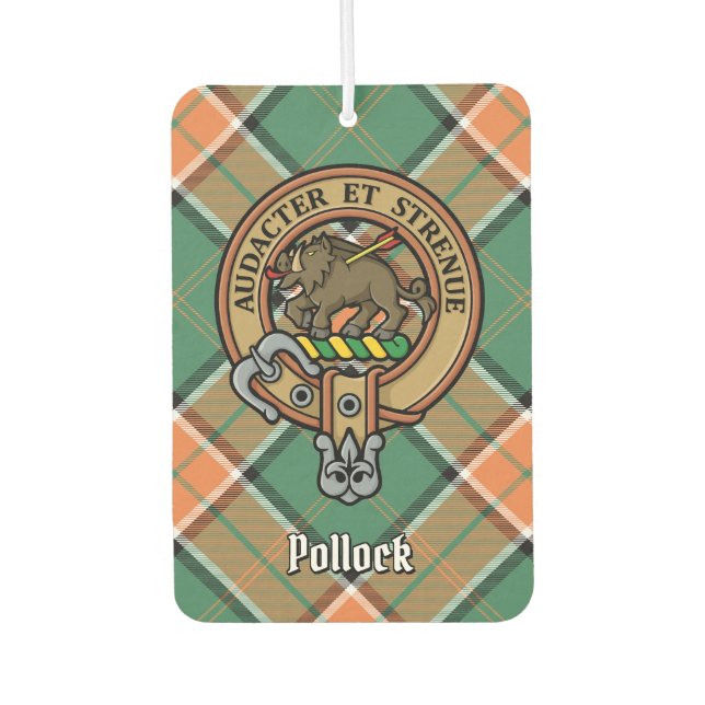 Clan Pollock Crest over Tartan Car Air Freshener (Front)