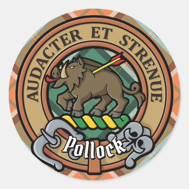 Clan Pollock Crest over Tartan Classic Round Sticker (Front)