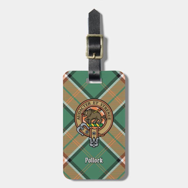 Clan Pollock Crest over Tartan Luggage Tag (Front Vertical)