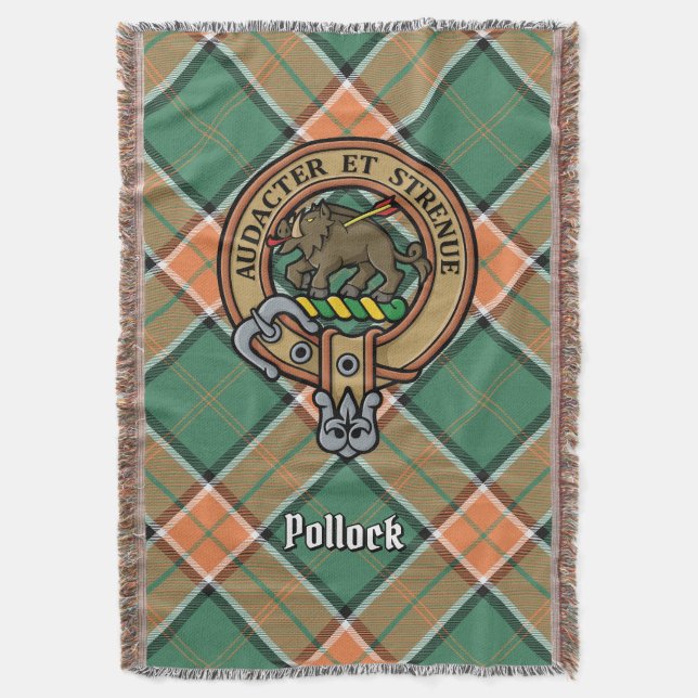 Clan Pollock Crest over Tartan Throw Blanket (Front Vertical)