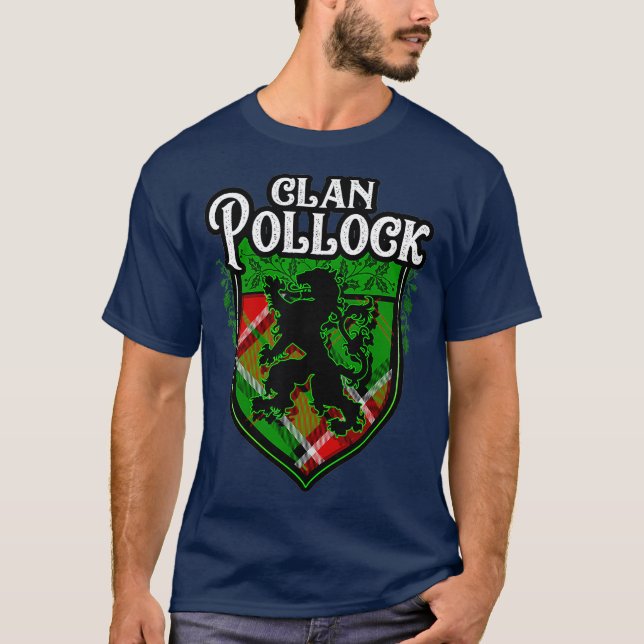 Clan Pollock Surname Scottish Tartan Lion Crest T-Shirt (Front)