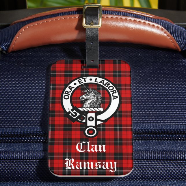 Clan Ramsay Crest Badge & Tartan Customisable Luggage Tag (Front Insitu 2)