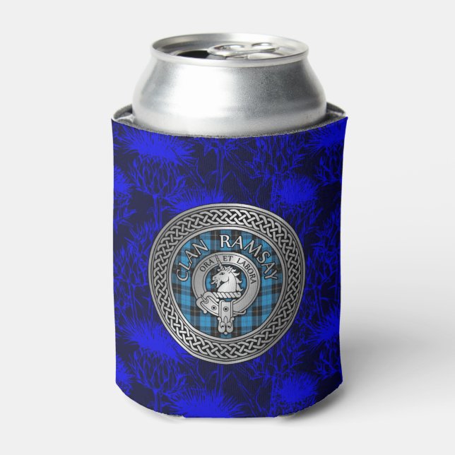 Clan Ramsay Crest & Hunting Tartan Knot Can Cooler (Can Front)