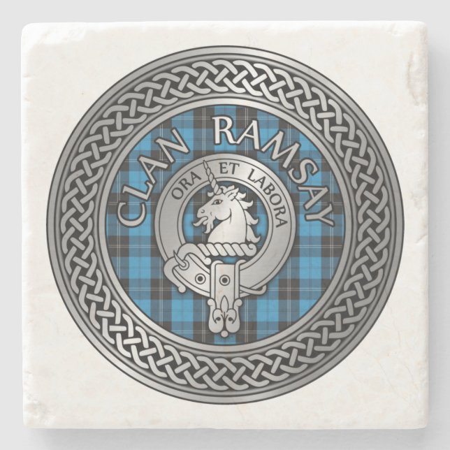 Clan Ramsay Crest & Hunting Tartan Knot Stone Coaster (Front)